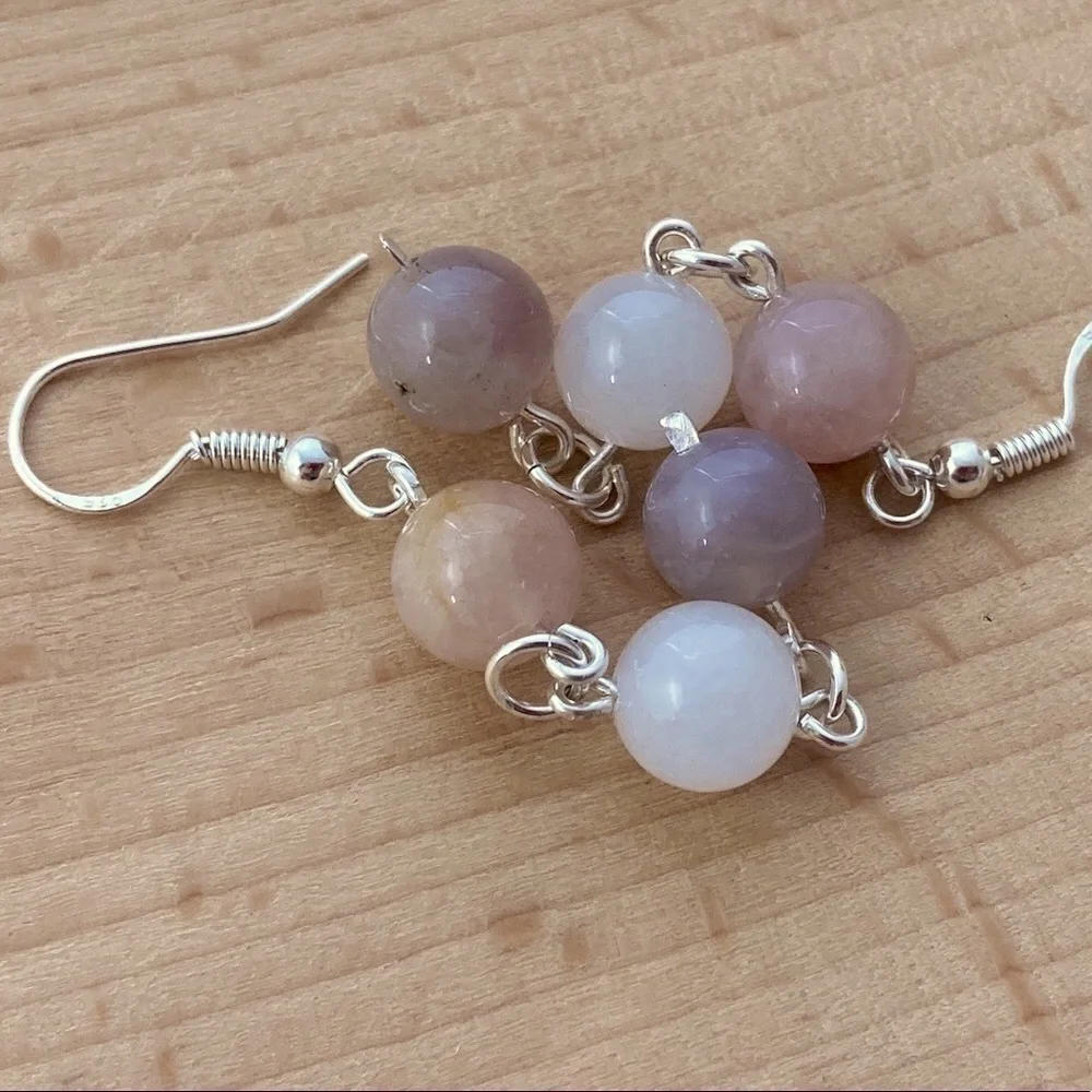 Rose Quartz and Milky White Jade Beaded Dangle Earrings - Picture 4 of 10